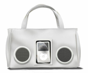 肩袋旨在看起来像复古沸腾持有iPod，实际上可以通过扬声器播放音乐。“border=