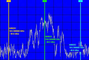调频无线电电台发射模拟立体声信号的射频频谱”border=