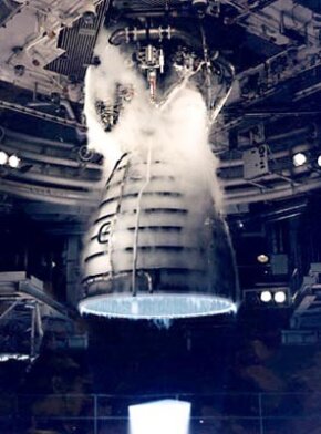 A remote camera captures a close-up view of a Space Shuttle Main Engine during a test firing at the John C. Stennis Space Center in Hancock County, Miss.