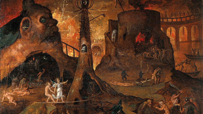 painting by Hieronymus Bosch shows an angel leading a soul to hell.