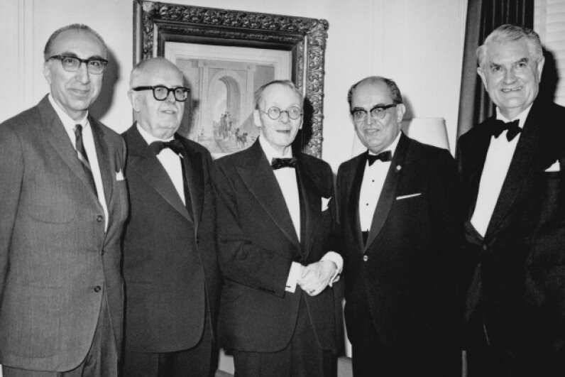 Houssay's fascination with the pituitary gland and its direction of insulin had big ramifications for the chronic disease diabetes. Houssay is second from the left in this picture from 1947. © Bettmann/Corbis