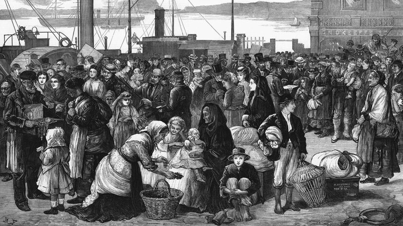 An 1874 engraving published in The Illustrated London New shows Irish emigrants preparing to leave the Queenstown port in Cork for the United States. Ann Ronan Pictures/Print Collector/Getty Images