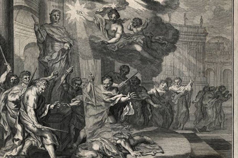 Julius Caesar'ın suikastının Brutus ve Cassius dahil bir grup soylu tarafından MÖ 44 Mart'ta Ides'te (MÖ 44) alegorik gravürü © MÖ 44 Bettmann / CORBIS